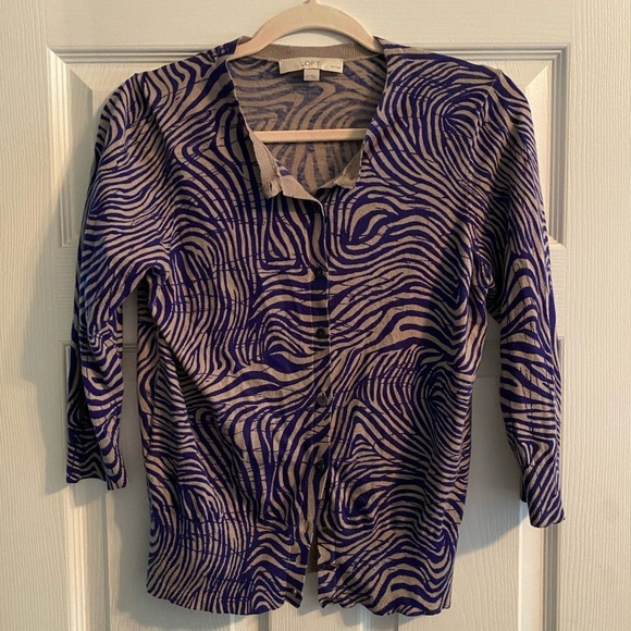 Loft Zebra Print Long‎ Sleeve Button Up Cardigan Sweater Women’s Sz Large Petite - Picture 1 of 9
